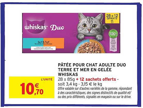 PÂTÉE POUR CHAT ADULTE DUO TERRE ET MER EN GELÉE WHISKAS 28 x 85g + 12 sachets offerts - soit 3,4 kg