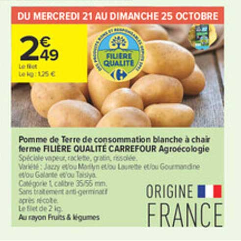 Pomme de Terre de consommation blanche à chair ferme FILIERE QUALITE CARREFOUR Agrécologie