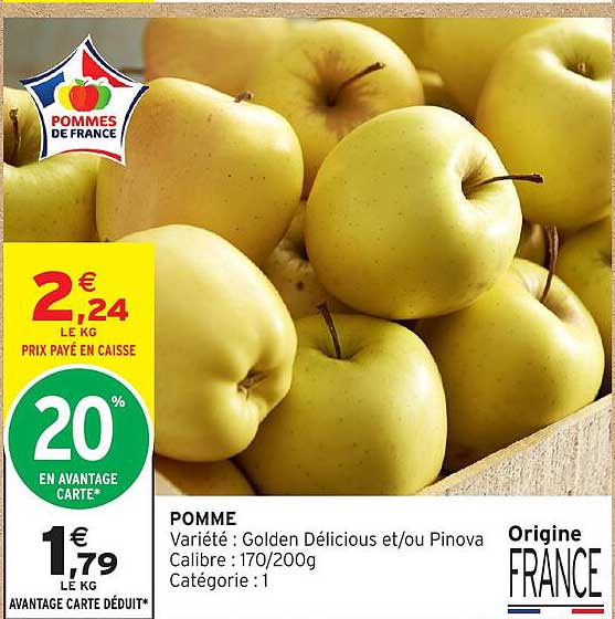 POMME Variété : Golden Délicious et/ou Pinova Calibre : 170/200g Catégorie : 1