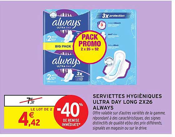 SERVIETTES HYGIÉNIQUES ULTRA DAY LONG 2X26 ALWAYS