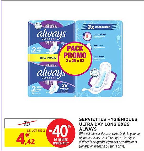 SERVIETTES HYGIÉNIQUES ULTRA DAY LONG 2X26 ALWAYS