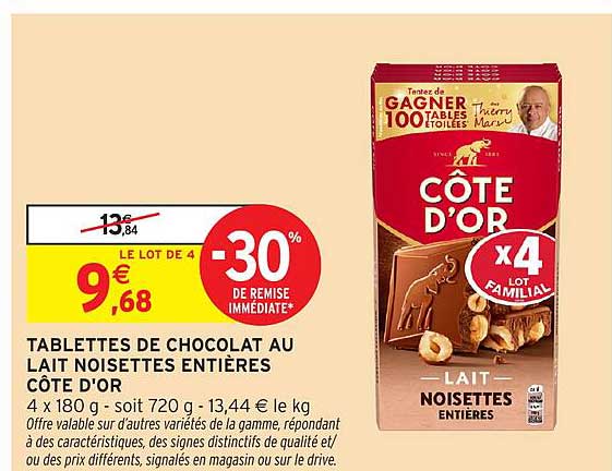 TABLETTES DE CHOCOLAT AU LAIT NOISETTES ENTIÈRES CÔTE D'OR