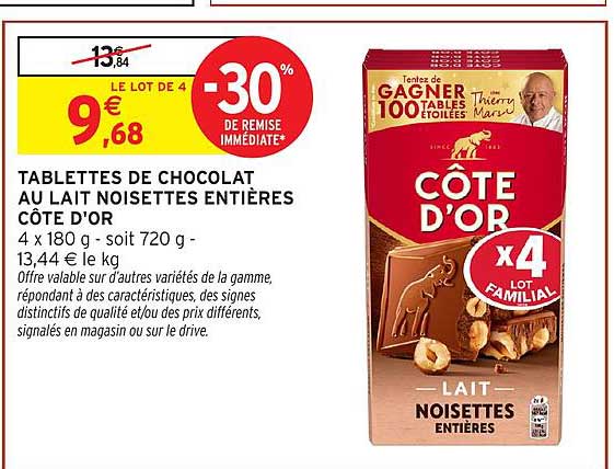 TABLETTES DE CHOCOLAT AU LAIT NOISETTES ENTIÈRES CÔTE D'OR
