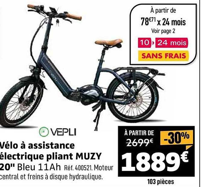 Vélo à assistance électrique pliant MUZY 20" Bleu 11Ah Réf. 400521. Moteur central et freins à disque hydraulique.