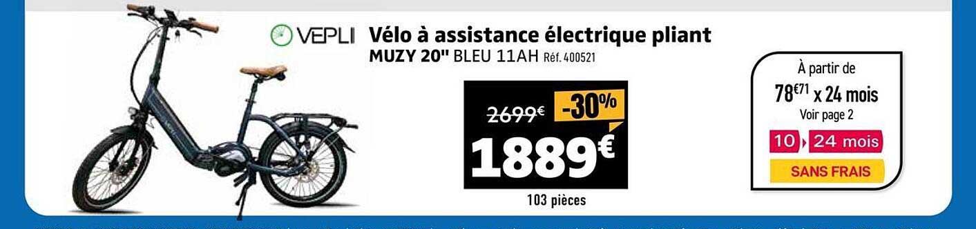 Vélo à assistance électrique pliant MUZY 20" BLEU 11AH Réf. 400521