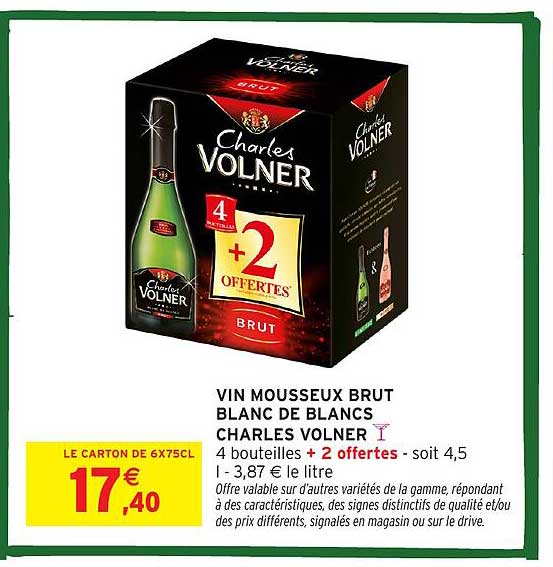 VIN MOUSSEUX BRUT BLANC DE BLANCS CHARLES VOLNER 4 bouteilles + 2 offertes