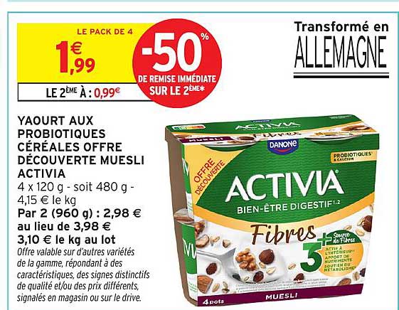 YAOURT AUX PROBIOTIQUES CÉRÉALES OFFRE DÉCOUVERTE MUESLI ACTIVIA