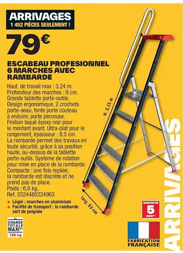 ESCABEAU PROFESSIONNEL 6 MARCHES AVEC RAMBARDE
