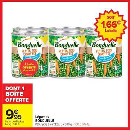 Légumes BONDUELLE Petits pois & carottes, 5 x 530 g + 530 g offerts.
