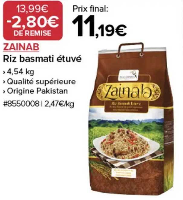Zainab Riz Promo Zainab Riz Basmati Étuvé chez Costco - 123Catalogue.fr
