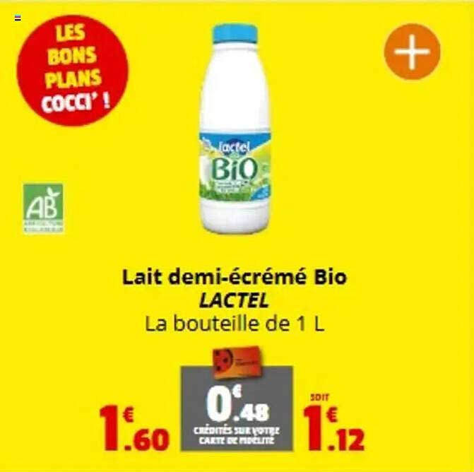 Lait demi-écrémé Bio LACTEL La bouteille de 1 L