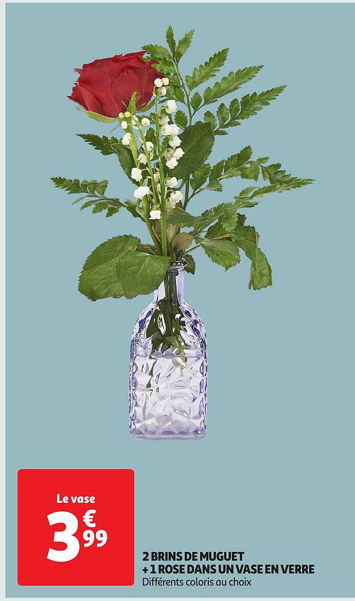 2 BRINS DE MUGUET + 1 ROSE DANS UN VASE EN VERRE