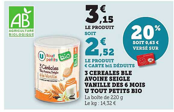3 CÉRÉALES BLÉ AVOINE SEIGLE VANILLE DES 6 MOIS U TOUT PETITS BIO