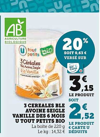 3 CÉRÉALES BLÉ AVOINE SEIGLE VANILLE DES 6 MOIS U TOUT PETITS BIO