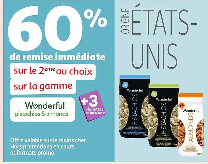 60% de remise immédiate sur le 2ème au choix sur la gamme Wonderful pistachios & almonds