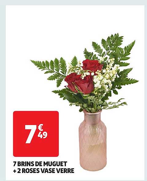 7 BRINS DE MUGUET + 2 ROSES VASE VERRE