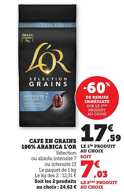 CAFE EN GRAINS 100% ARABICA L'OR