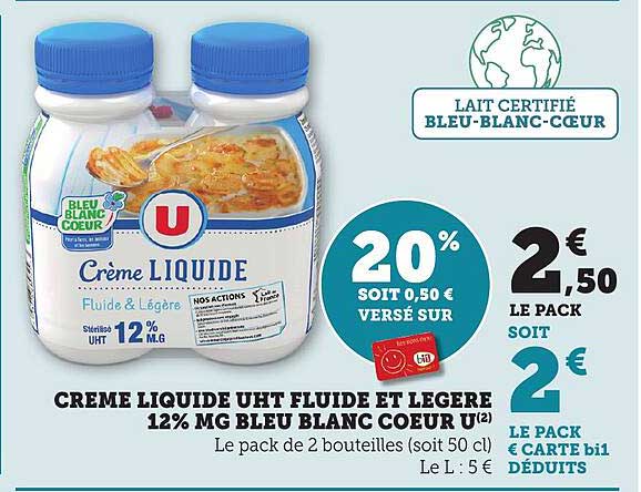 CRÈME LIQUIDE UHT FLUIDE ET LÉGÈRE 12% MG BLEU BLANC CŒUR U²
