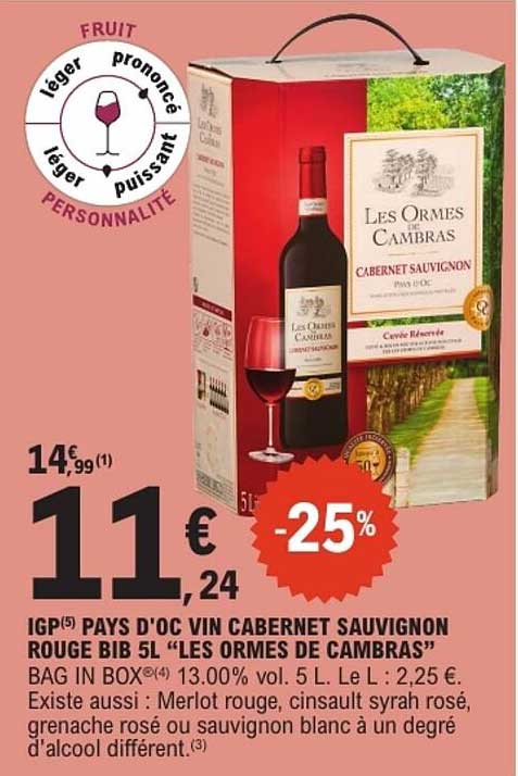 IGP(5) PAYS D'OC VIN CABERNET SAUVIGNON ROUGE BIB 5L “LES ORMES DE CAMBRAS”