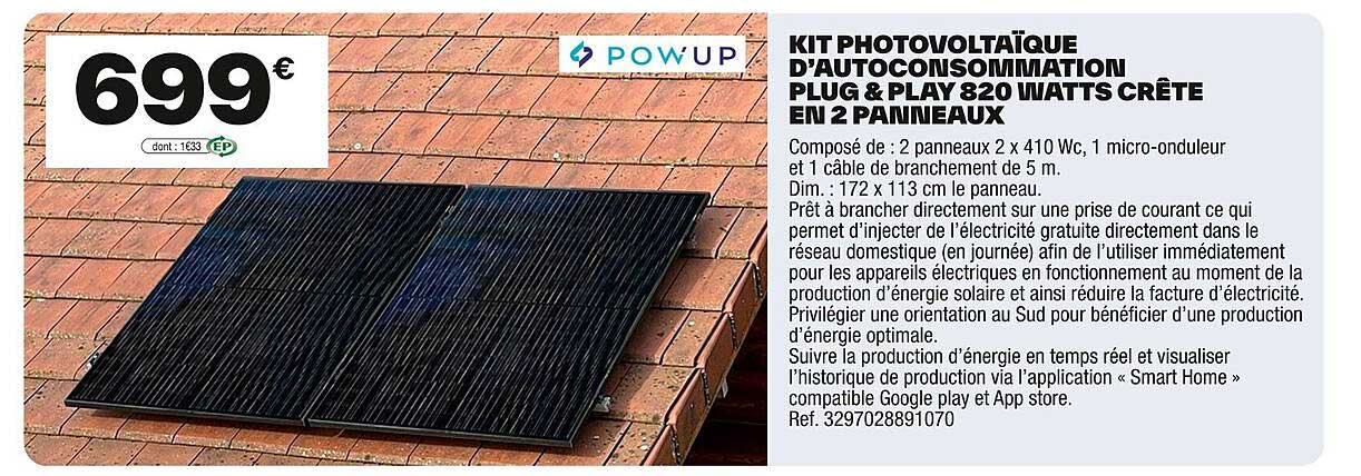 KIT PHOTOVOLTAIQUE D'AUTOCONSOMMATION PLUG & PLAY 820 WATTS CRÊTE EN 2 PANNEAUX