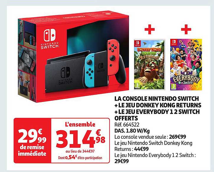 LA CONSOLE NINTENDO SWITCH + LE JEU DONKEY KONG RETURNS + LE JEU EVERYBODY 1 2 SWITCH OFFERTS