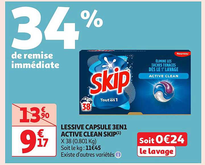 LESSIVE CAPSULE 3EN1 ACTIVE CLEAN SKIP