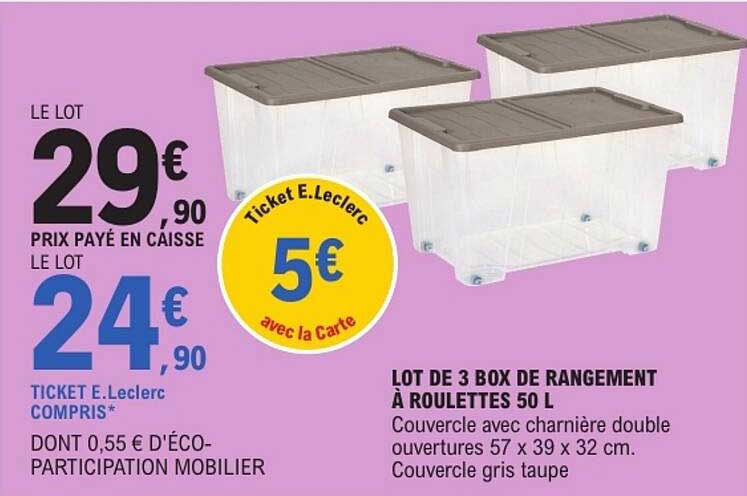 LOT DE 3 BOX DE RANGEMENT À ROULETTES 50 L