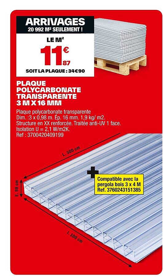 PLAQUE POLYCARBONATE TRANSPARENTE 3 M X 16 MM