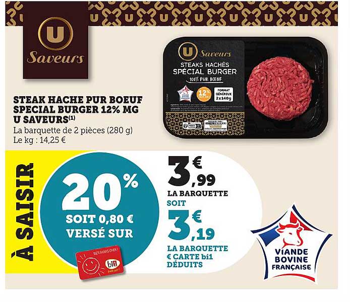 STEAK HACHE PUR BOEUF SPECIAL BURGER 12% MG U SAVEURS