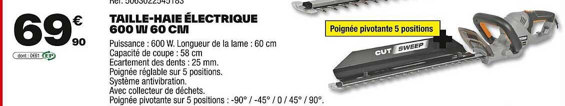 TAILLE-HAIE ÉLECTRIQUE 600 W 60 CM