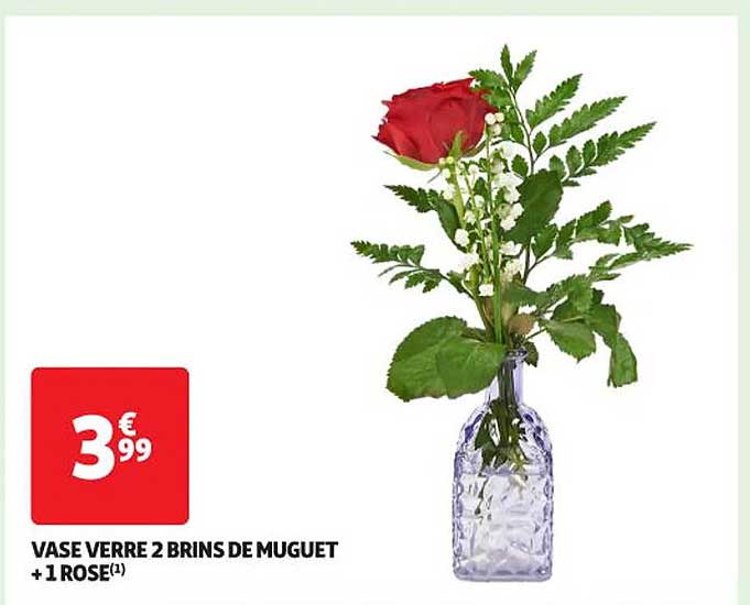 VASE VERRE 2 BRINS DE MUGUET + 1 ROSE
