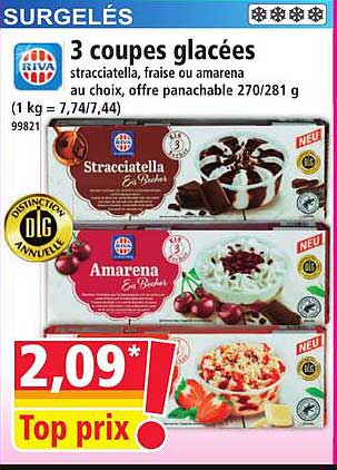 3 coupes glacées stracciatella, fraise ou amarena au choix, offre panachable 270/281 g