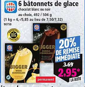 6 bâtonnets de glace chocolat blanc ou noir