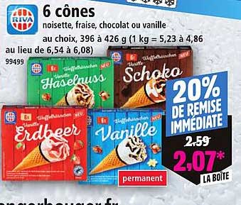 6 cônes noisette, fraise, chocolat ou vanille