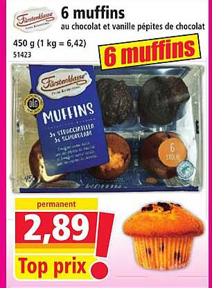 6 muffins au chocolat et vanille pépites de chocolat