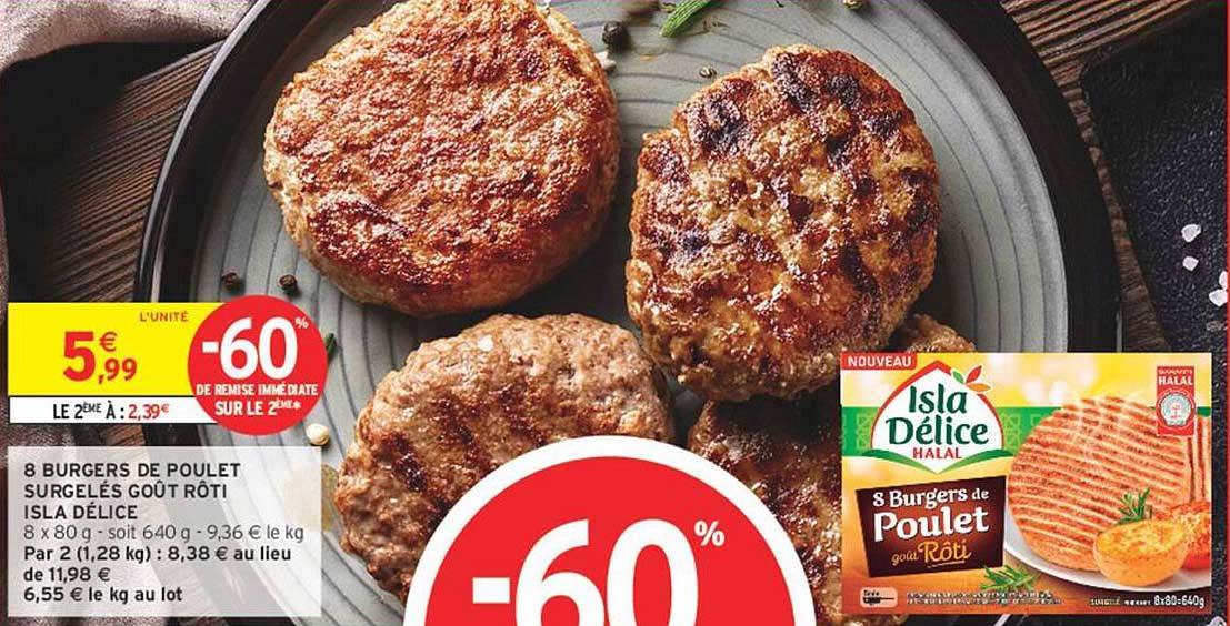 8 BURGERS DE POULET SURGELÉS GOÛT RÔTI ISLA DÉLICE