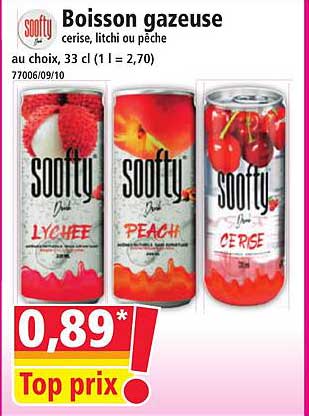 Boisson gazeuse cerise, litchi ou pêche au choix, 33 cl
