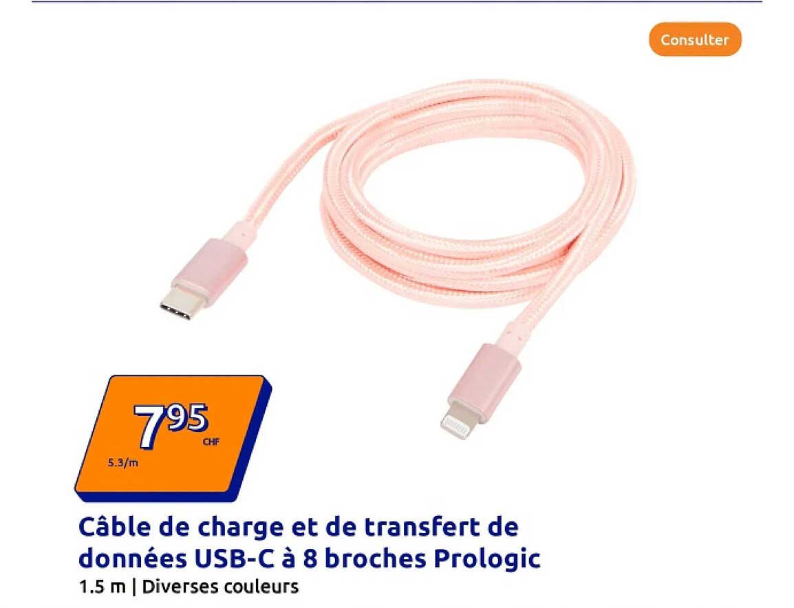Câble de charge et de transfert de données USB-C à 8 broches Prologic