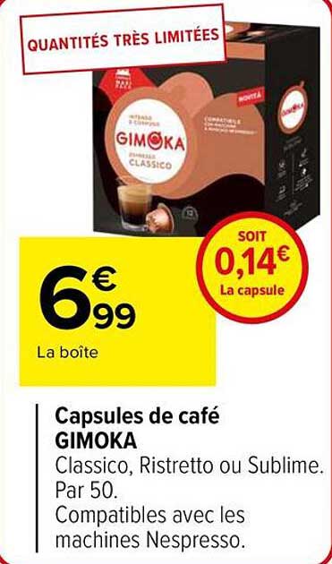 Capsules de café GIMOKA Classico, Ristretto ou Sublime. Par 50.