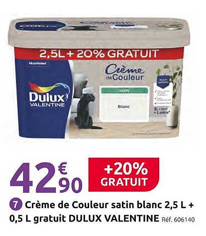 Crème de Couleur satin blanc 2,5 L + 0,5 L gratuit DULUX VALENTINE