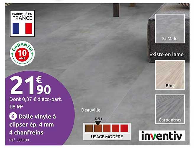 Dalle vinyle à clipser ép. 4 mm - 21,90 € le m²