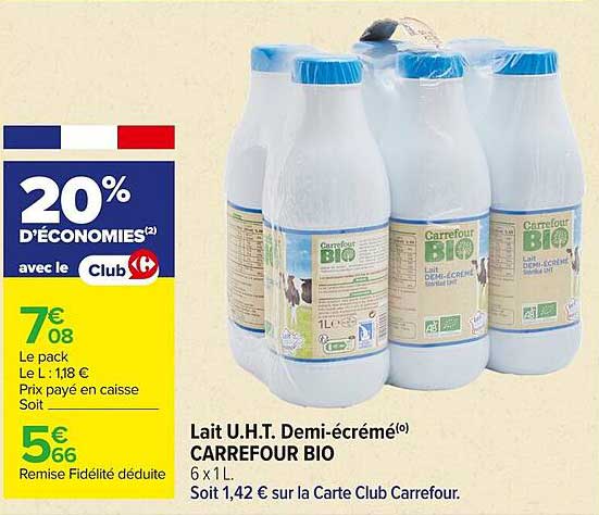 Lait U.H.T. Demi-écrémé CARREFOUR BIO