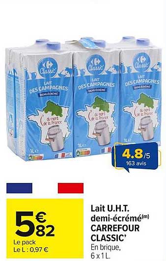 Lait U.H.T. demi-écrémé CARREFOUR CLASSIC’