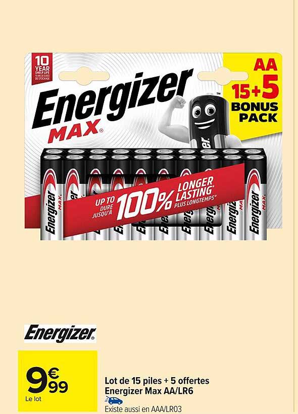 Lot de 15 piles + 5 offertes Energizer Max AA/LR6