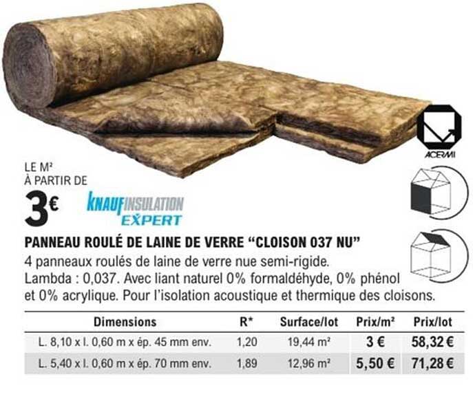Panneau roulé de laine de verre "Cloison 037 NU"