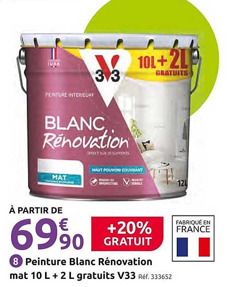 Peinture Blanc Rénovation mat 10 L + 2 L gratuits V33