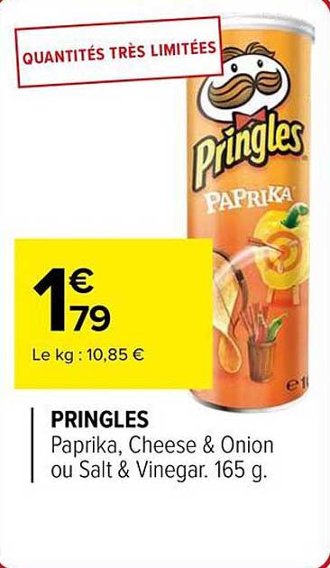 Pringles Paprika, Cheese & Onion ou Salt & Vinegar 165 g