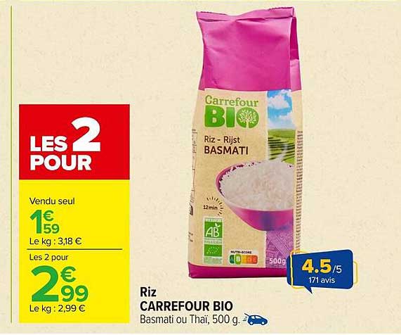 Riz CARREFOUR BIO Basmati ou Thaï, 500 g