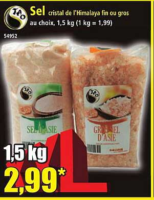 Sel cristal de l'Himalaya fin ou gros au choix, 1,5 kg (1 kg = 1,99)