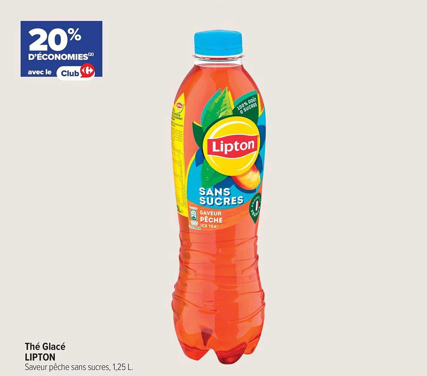 Thé Glacé LIPTON Saveur pêche sans sucres, 1,25 L